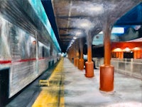 a painting of a train station at night