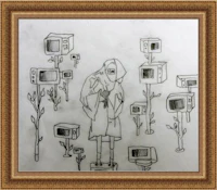 a drawing of a person standing in front of televisions