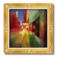 a painting of a street scene in a gold frame