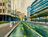 a painting of a street with buildings in the background