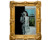 a painting of a woman looking out of a window