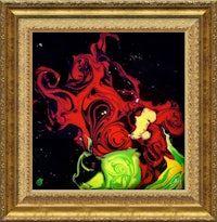 a gold framed painting of a red and green painting
