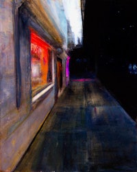 a painting of a street with a neon sign