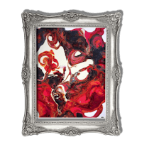 an abstract painting in an ornate frame on a black background
