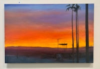 a painting of a sunset with palm trees in the background