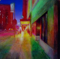 a painting of a street scene at night