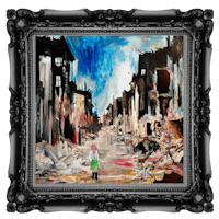 a painting of a girl walking down a street