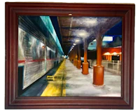 a painting of a train station in a wooden frame