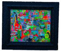 a colorful painting in a black frame