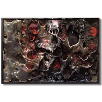 a black and red painting with skulls on it