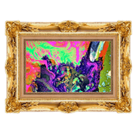 an abstract painting in a gold frame on a black background