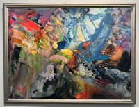 an abstract painting in a silver frame