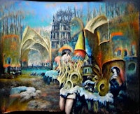 a painting of a woman with a hat in front of a castle