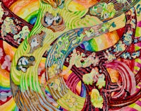 a colorful painting of a tree with many animals in it