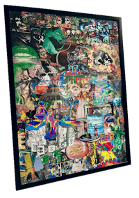 a black frame with a collage of images on it