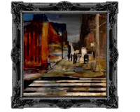 a painting of people walking down a street